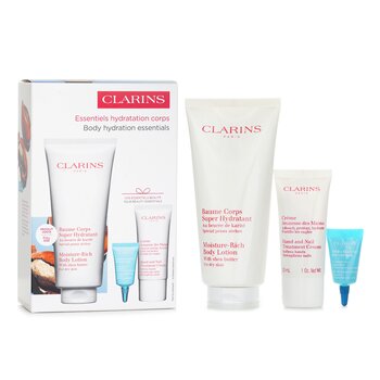 Clarins Juego de Hidratación Perfecta: Bálsamo Corporal Super Hidratante 200ml + Crema de Manos Juvenil 30ml + Bálsamo Labial Reparador Hydra Essentiel 3ml